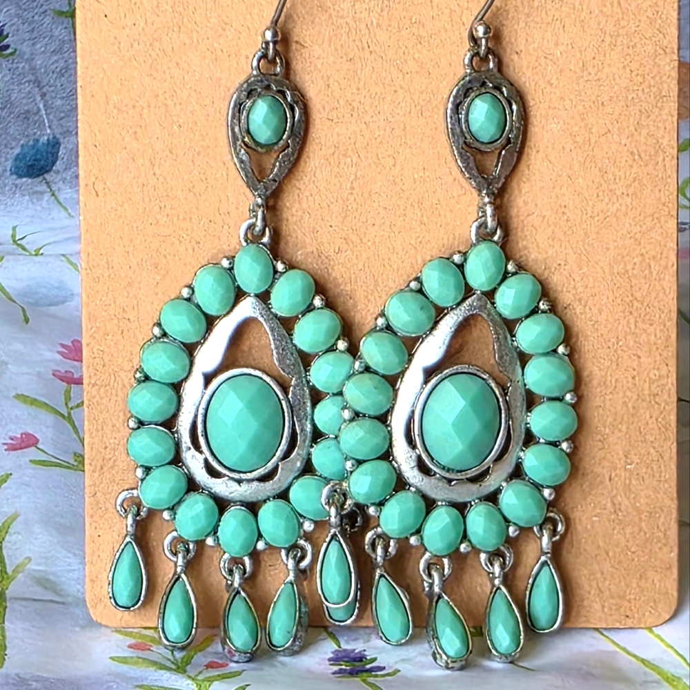 Turquoise and Silver Color Bohemian Dangle Earrings